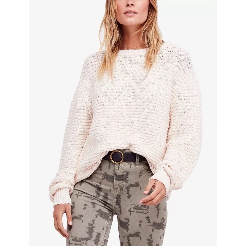 Free People Menace Cream Ivory Ribbed Textured Tunic Sweater Cozy S Coastal